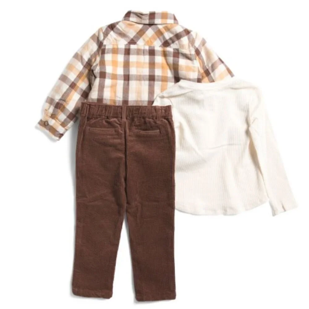 NWT MAX STUDIO Boys 3pc Plaid Shacket Top and Corduroy Pants Set
